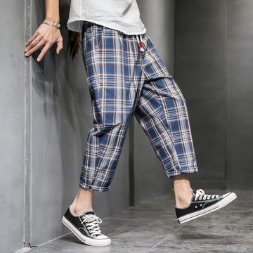 Chinese Style Baggy Pants Black Plaid Casual Pants Mens Streetwear Harem Pants Male Checkered Trousers Plus Size Men Joggers aidase-shop